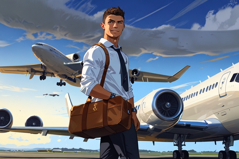A cinematic scene of a teenage Cristiano Ronaldo boarding a plane to Manchester United, holding a small travel bag, with a view of the airport runway, a cloudy sky, and a look of ambition and determination on his face, symbolizing the start of a new chapter.