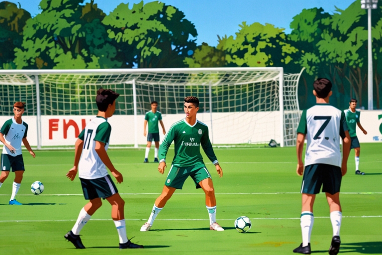 A teenage Cristiano Ronaldo training on a lush green soccer field at Sporting Lisbon academy, wearing a green and white Sporting Lisbon kit, with other young players practicing in the background, under a clear blue sky, focusing on his determination and skill.
