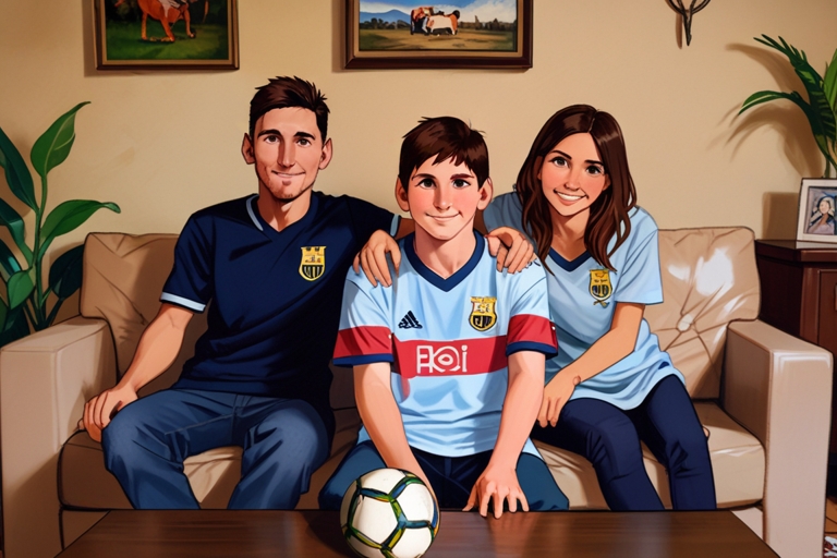 A warm family portrait of a young boy resembling Lionel Messi with his parents and siblings in their modest home in Rosario, Argentina, sitting in a cozy living room with simple furniture, smiling warmly, wearing casual clothes, highlighting family unity and support.